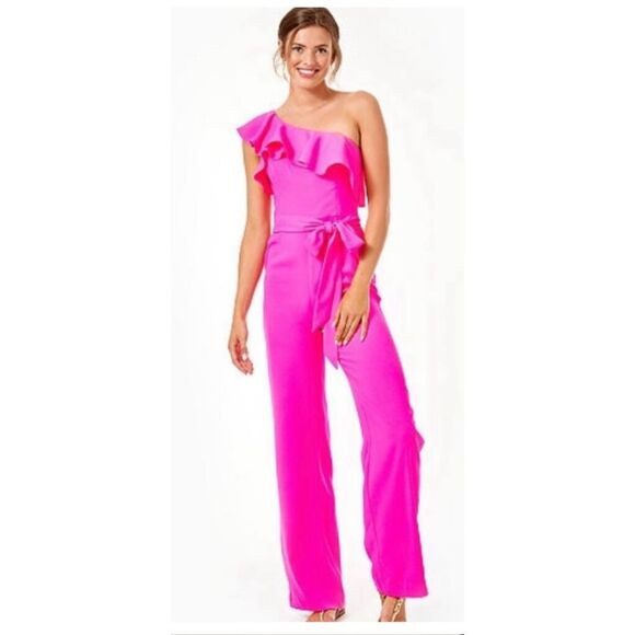 Lilly Pulitzer Pants - NWT Lilly Pulitzer the Lyra jumpsuit size 14 hot pink "raz berry" one shoulder